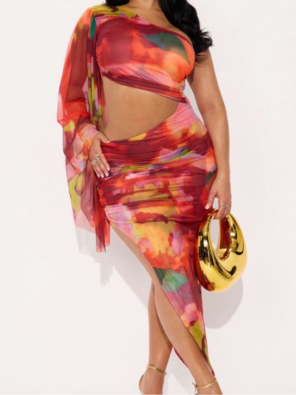 Fashion NOVA mesh Maxi asymmetrical dress multicolor size Large with flare arm